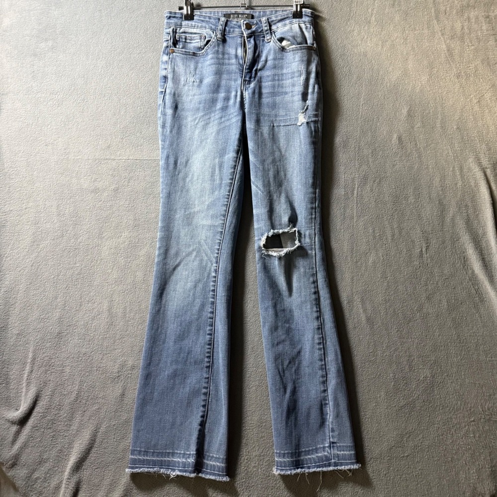 Judy Blue High Rise Flare Distressed Raw Hem Jeans Medium Wash JB88314 Size 3/26